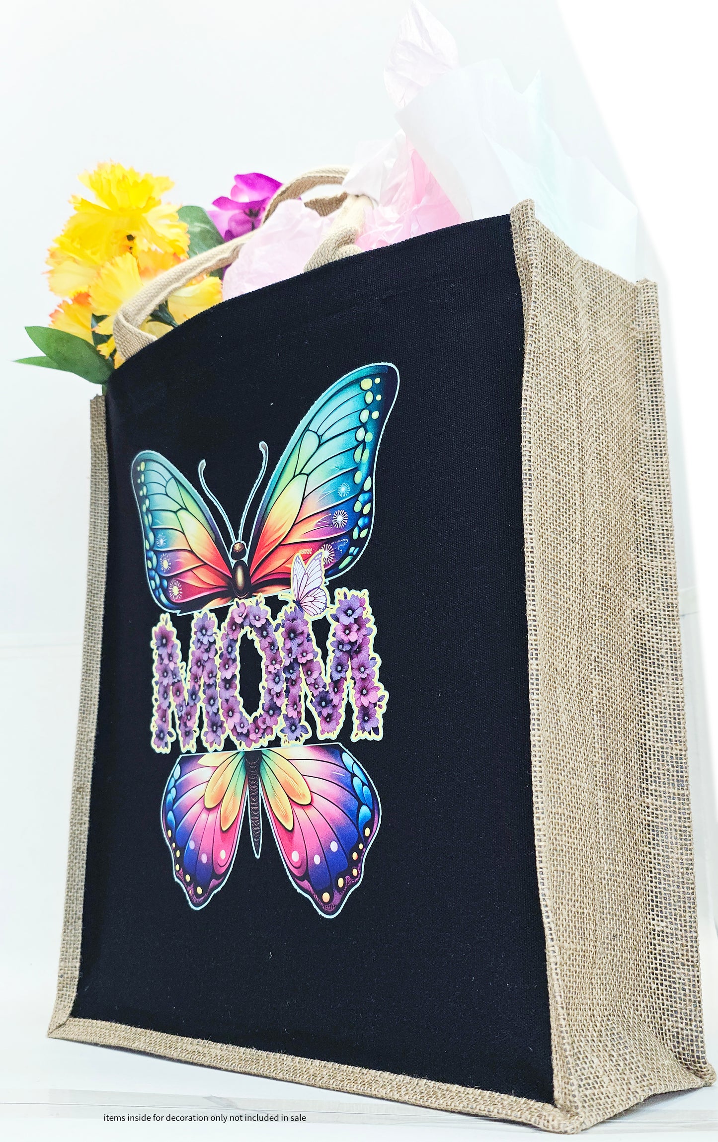 Mom Tote Bag butterfly multicolored print black tote bamboo canvas sides and bottom