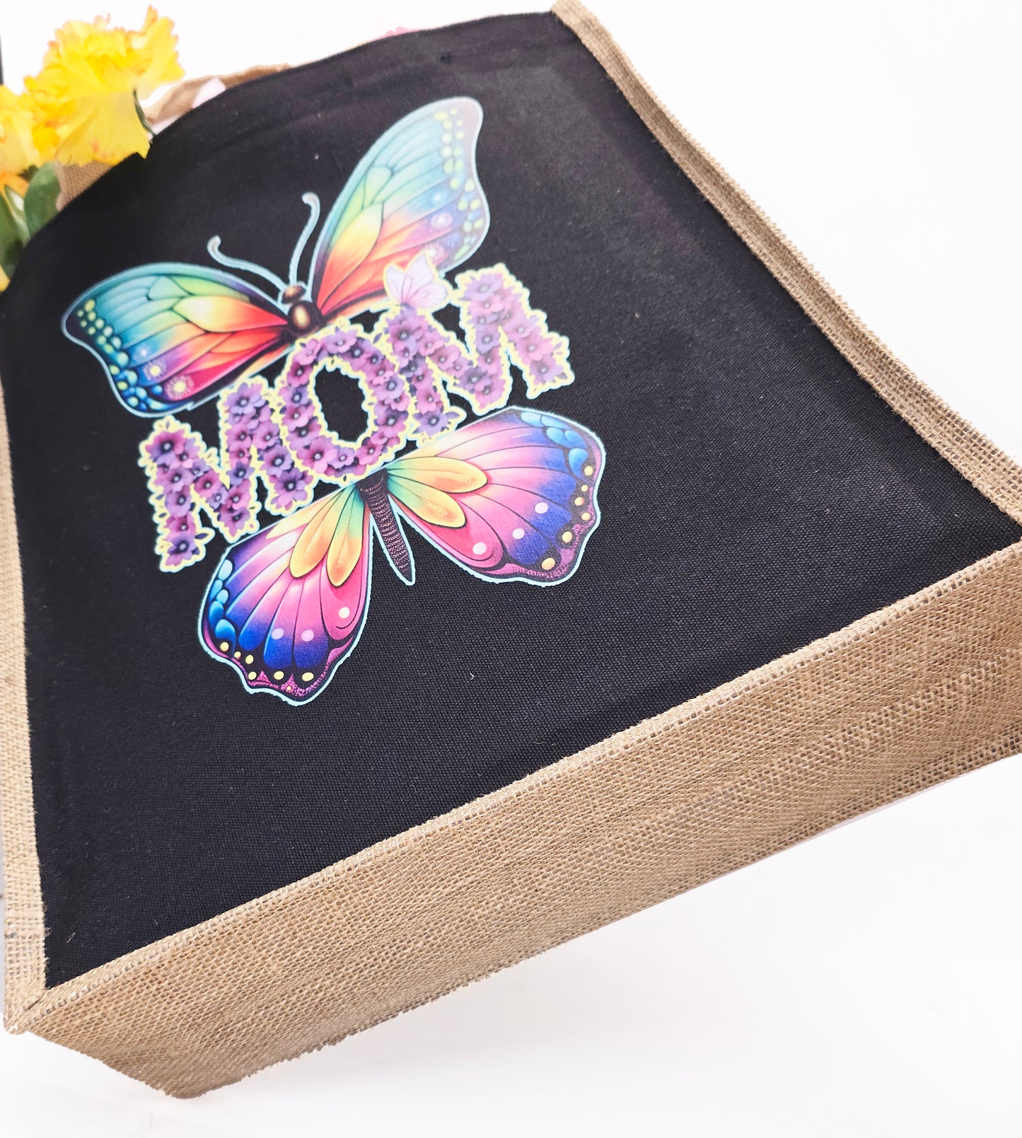 Mom Tote Bag butterfly multicolored print black tote bamboo canvas sides and bottom