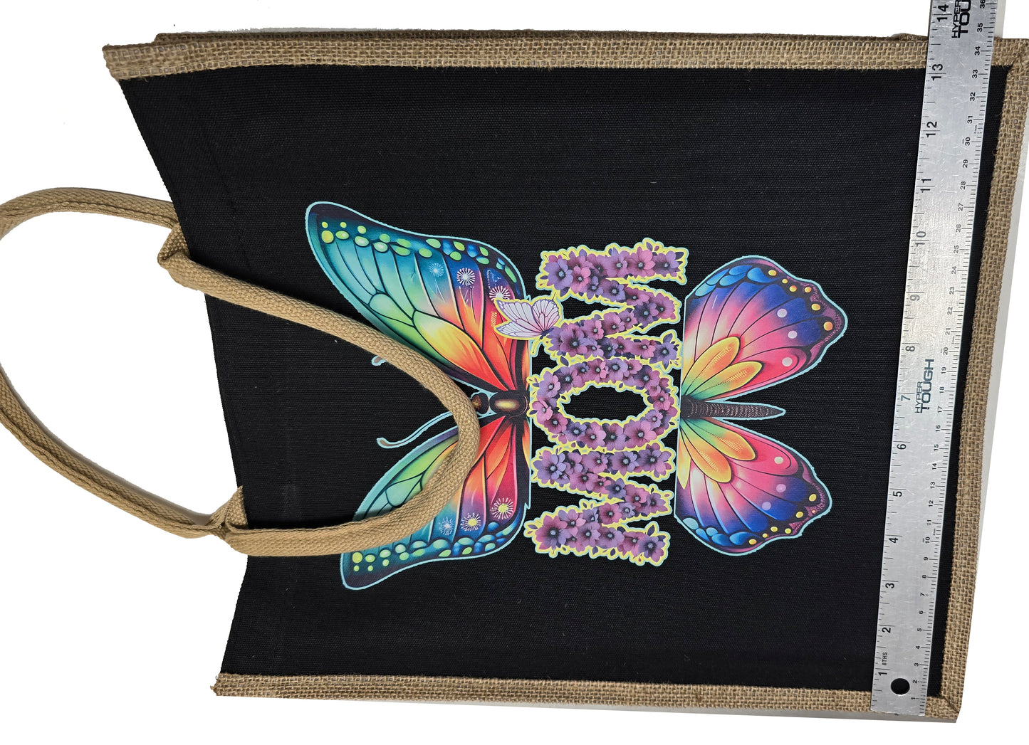 Mom Tote Bag butterfly multicolored print black tote bamboo canvas sides and bottom