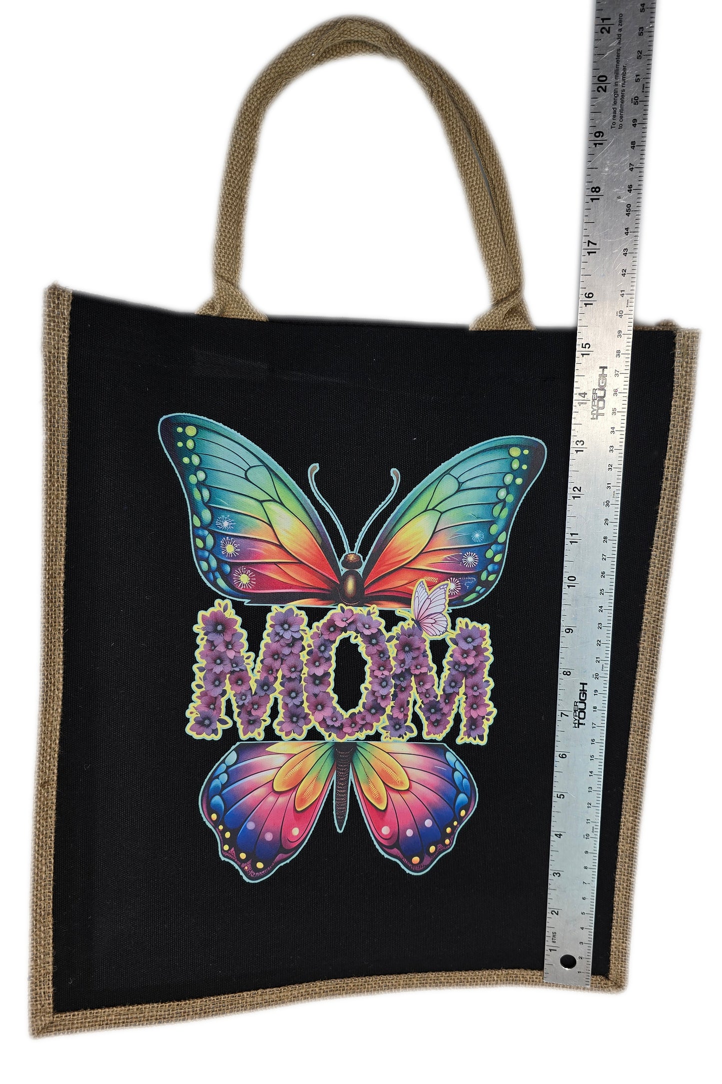 Mom Tote Bag butterfly multicolored print black tote bamboo canvas sides and bottom