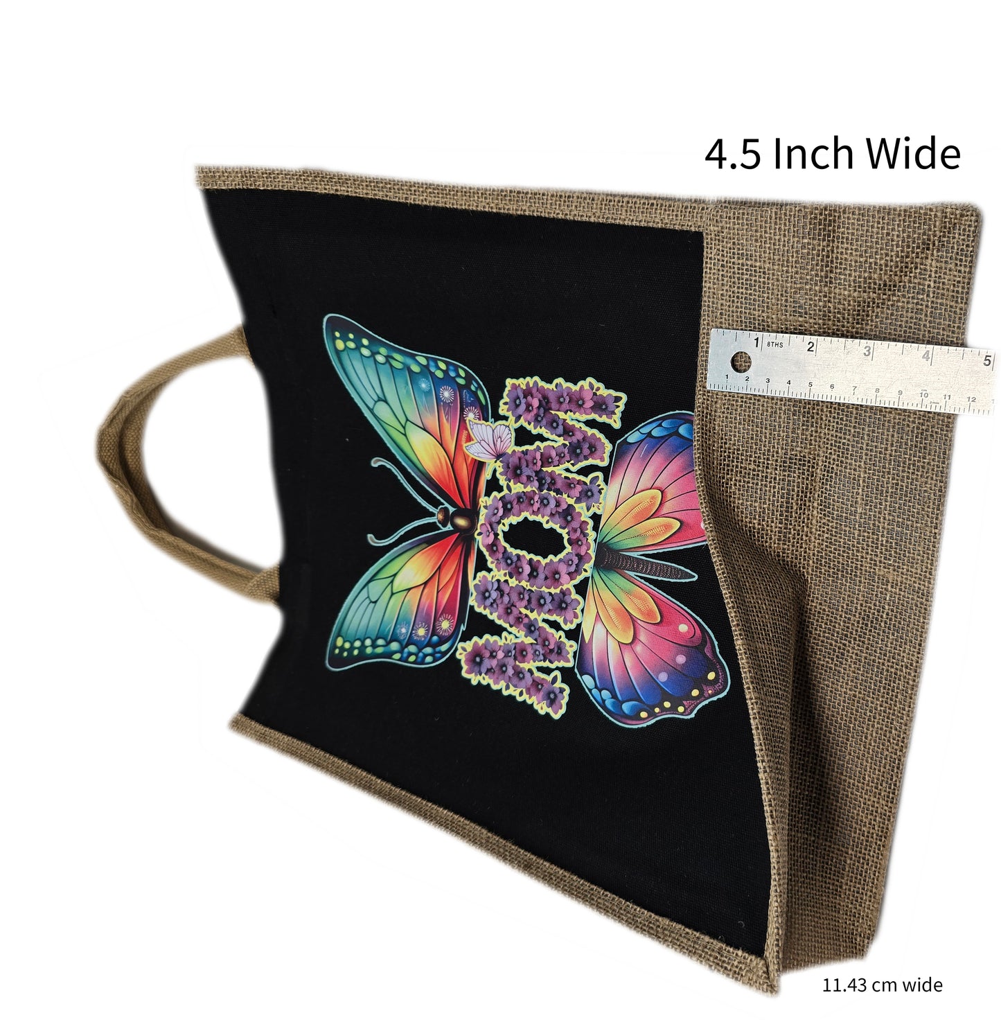 Mom Tote Bag butterfly multicolored print black tote bamboo canvas sides and bottom