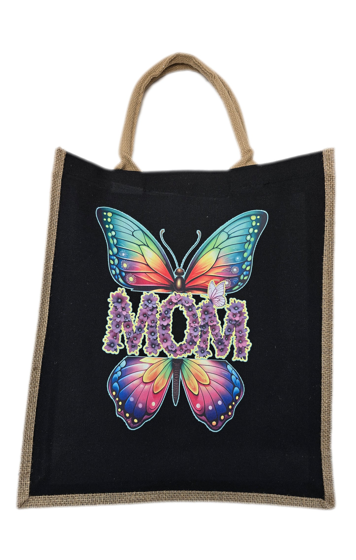 Mom Tote Bag butterfly multicolored print black tote bamboo canvas sides and bottom