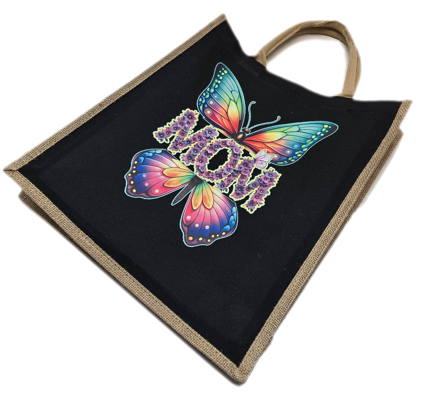Mom Tote Bag butterfly multicolored print black tote bamboo canvas sides and bottom