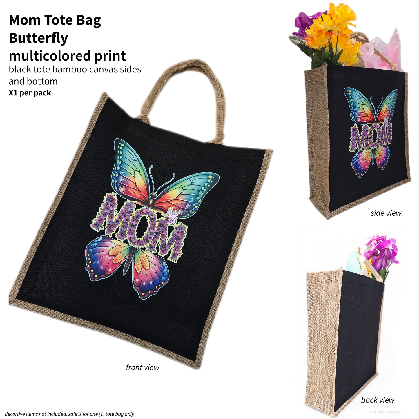 Mom Tote Bag butterfly multicolored print black tote bamboo canvas sides and bottom