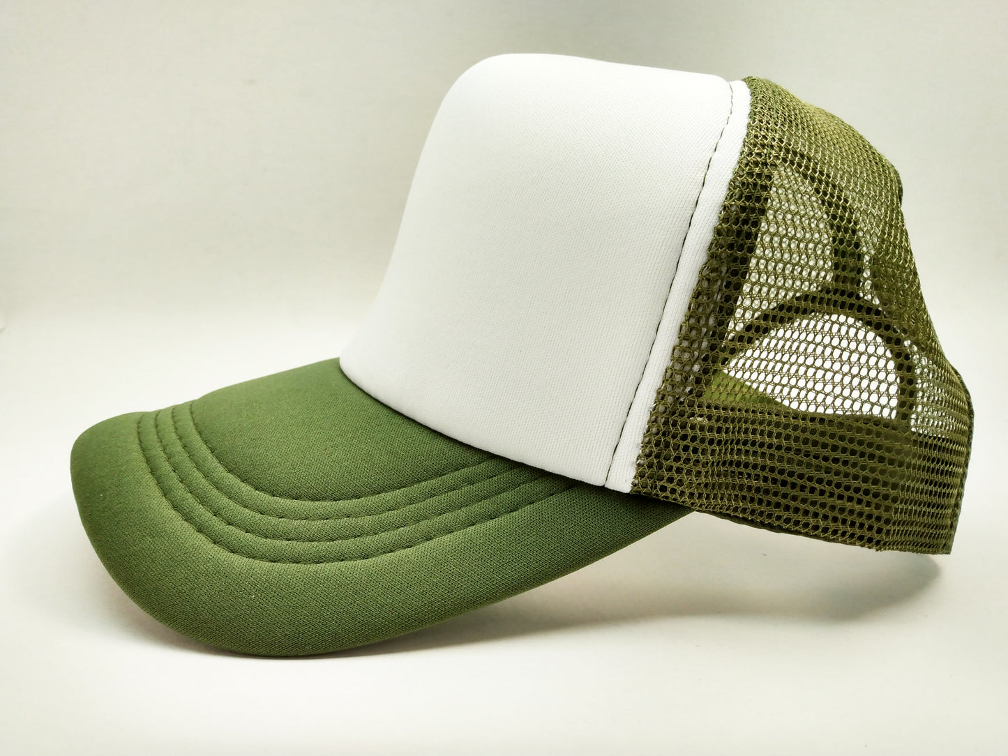 Olive Green & White Foam/Mesh Trucker Cap -5 Panel adjustable hat