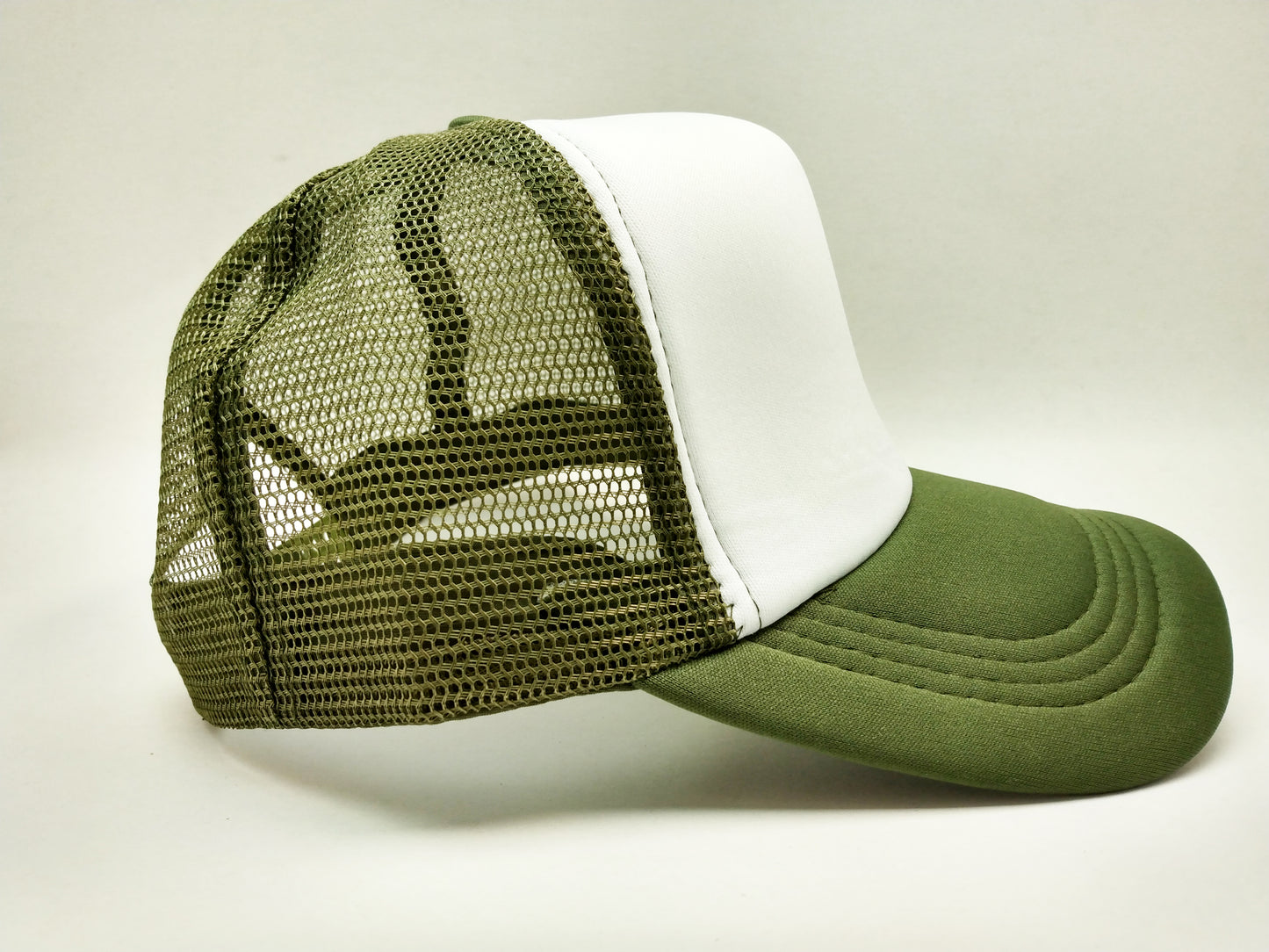 Olive Green & White Foam/Mesh Trucker Cap -5 Panel adjustable hat