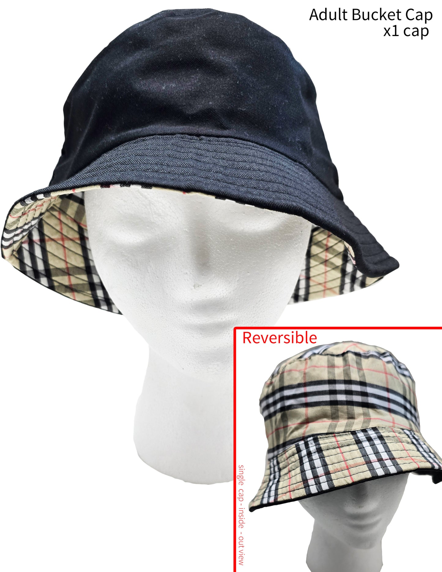 Black Bucket Cap Reversible Plaid Pattern Bucket Hat Adult Size