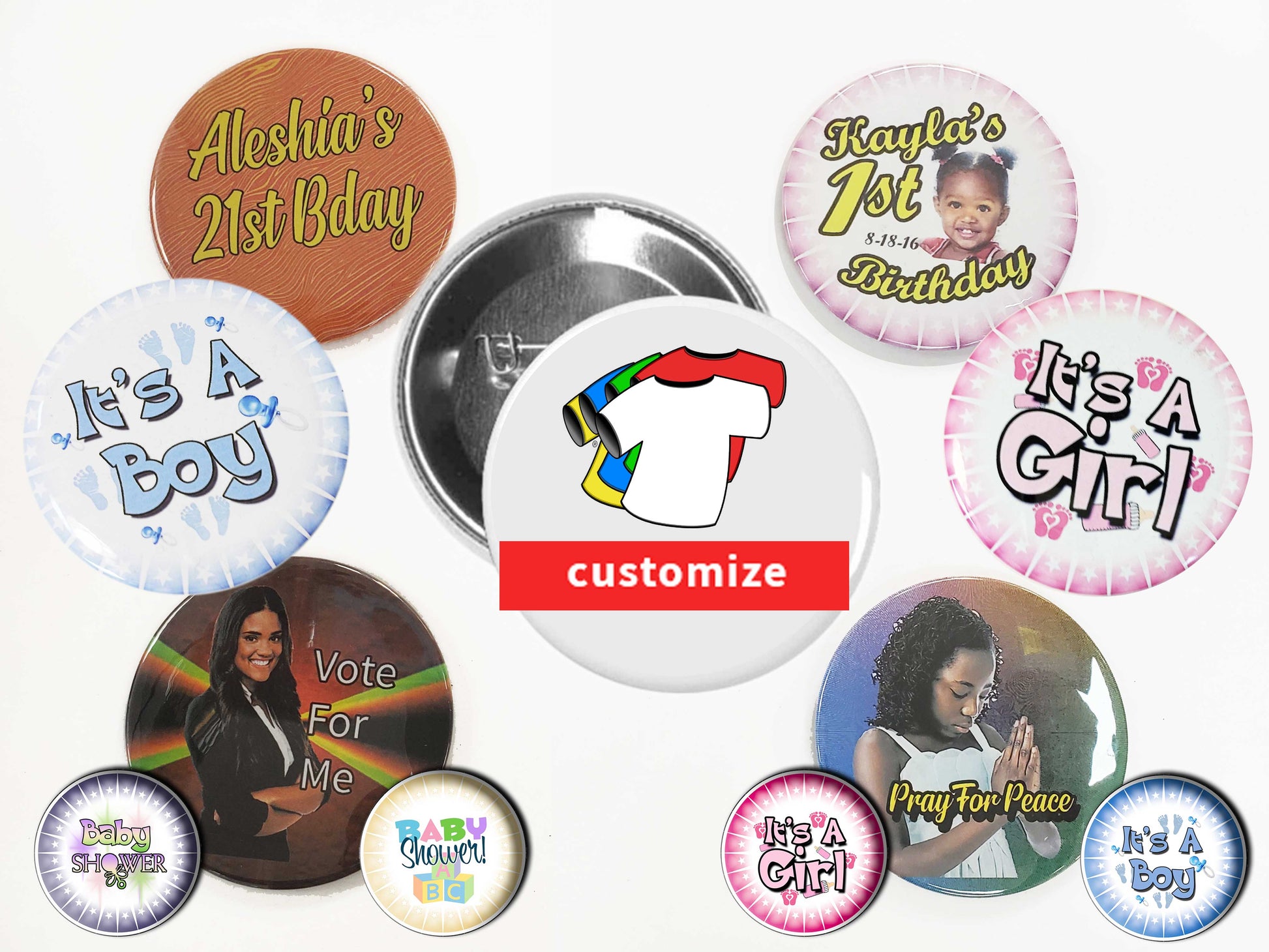 3 Inch round steel buttons pin back - Made in USA badges full color photo buttons