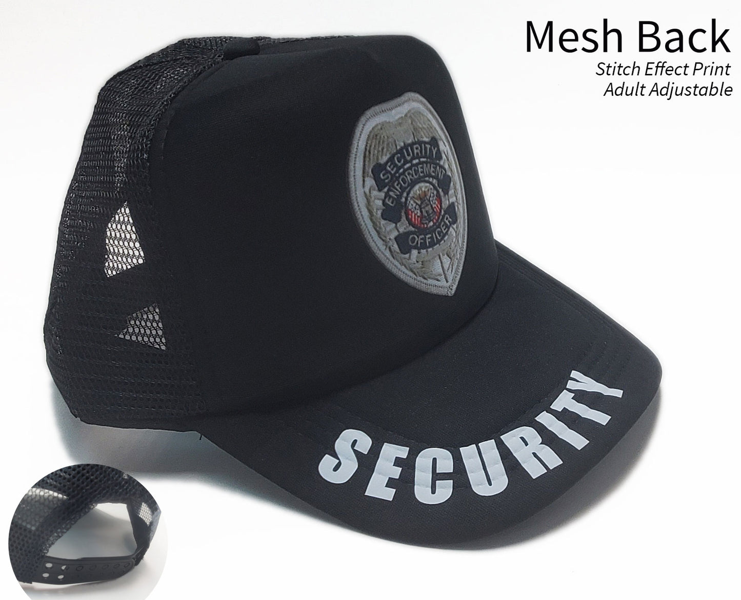 Stitch effect Mesh Back Security Cap - Foam Front - Black - Adult Adjustable - Breathable