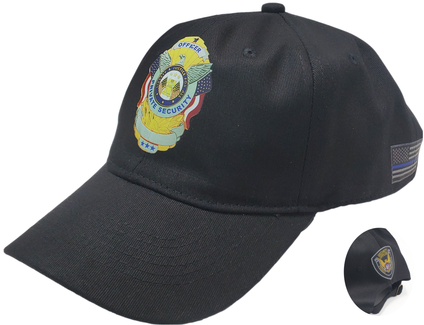 Security Cap - Private Security | Metallic Look / Stitch effect - Unstructured - Black - Adult Adjustable - Breathable