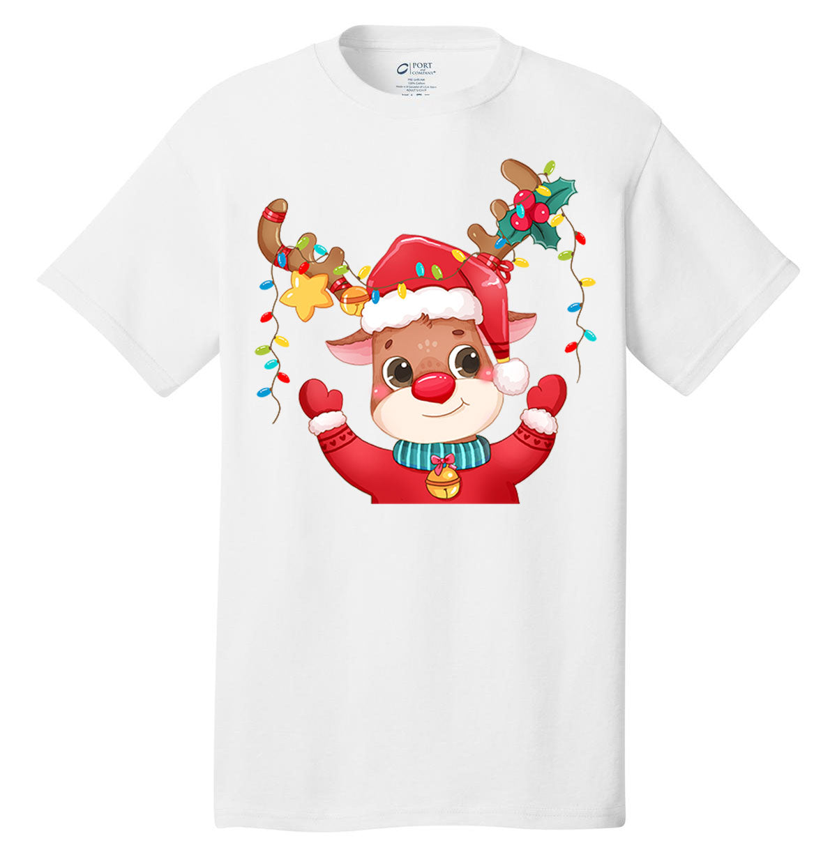 Red nose reindeer lights Christmas shirt holiday t-shirt short sleeves adult